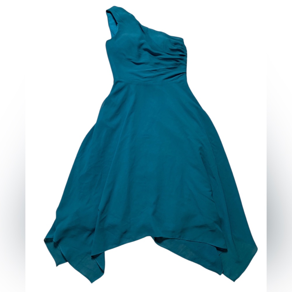 JJs House Peacock Teal One Shoulder Ruched Handkerchief Hem Bridesmaid Dress 0